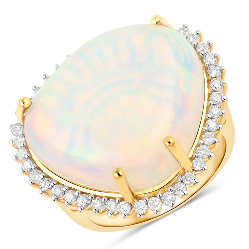 Opal-18.17 Carat Genuine Ethiopian Opal and White Diamond 14K Yellow Gold Ring