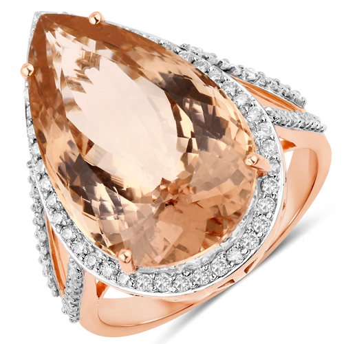 Rings-11.85 Carat Genuine Morganite and White Diamond 14K Rose Gold Ring