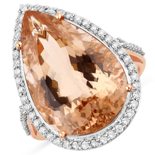 Rings-12.71 Carat Genuine Morganite and White Diamond 14K Rose Gold Ring