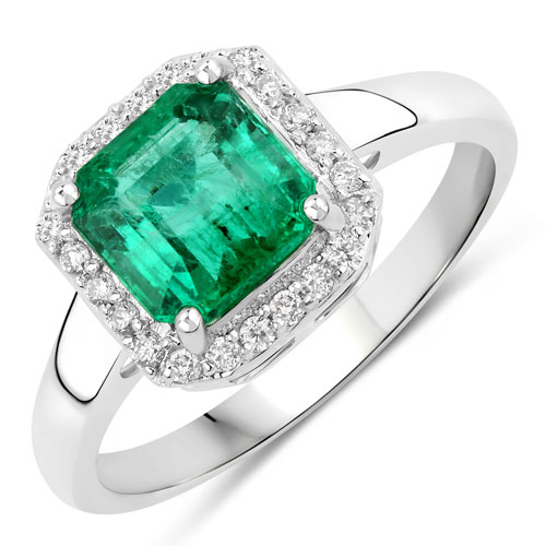 Emerald-1.75 Carat Genuine Zambian Emerald and White Diamond 14K White Gold Ring
