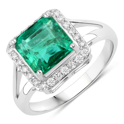 Emerald-2.32 Carat Genuine Zambian Emerald and White Diamond 14K White Gold Ring