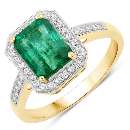 Emerald-2.53 Carat Genuine Zambian Emerald and White Diamond 14K Yellow Gold Ring