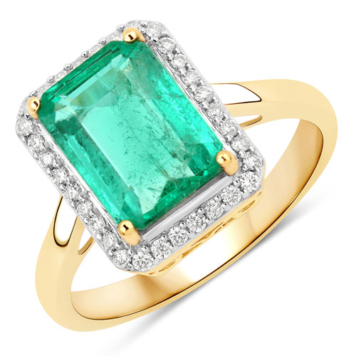 Emerald-2.97 Carat Genuine Zambian Emerald and White Diamond 14K Yellow Gold Ring