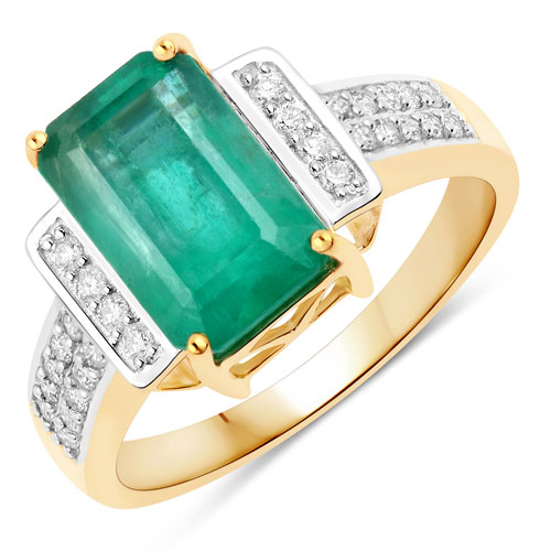 Emerald-3.45 Carat Genuine Zambian Emerald and White Diamond 14K Yellow Gold Ring