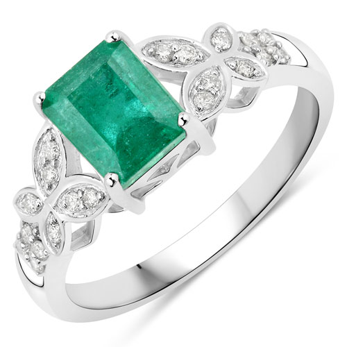 Emerald-1.69 Carat Genuine Zambian Emerald and White Diamond 14K White Gold Ring