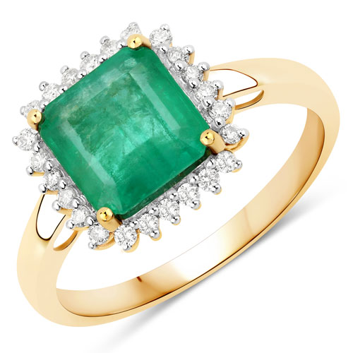 Emerald-2.12 Carat Genuine Zambian Emerald and White Diamond 14K Yellow Gold Ring
