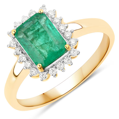 Emerald-1.44 Carat Genuine Zambian Emerald and White Diamond 14K Yellow Gold Ring