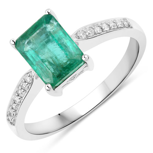 Emerald-1.67 Carat Genuine Zambian Emerald and White Diamond 14K White Gold Ring
