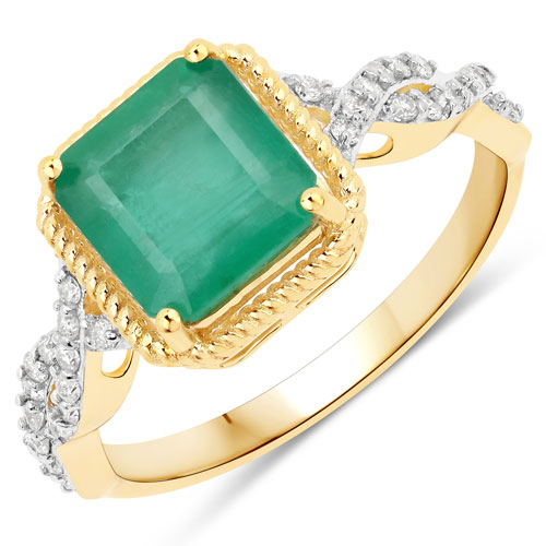 Emerald-2.40 Carat Genuine Zambian Emerald and White Diamond 14K Yellow Gold Ring