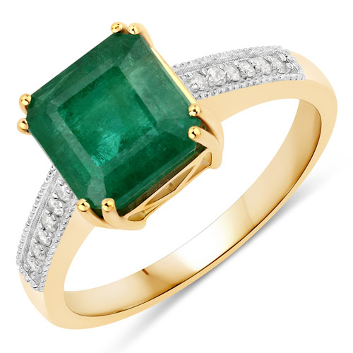 Emerald-2.83 Carat Genuine Zambian Emerald and White Diamond 14K Yellow Gold Ring