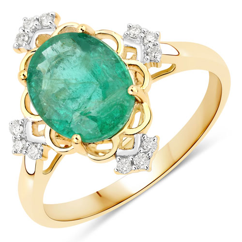 Emerald-2.15 Carat Genuine Zambian Emerald and White Diamond 14K Yellow Gold Ring