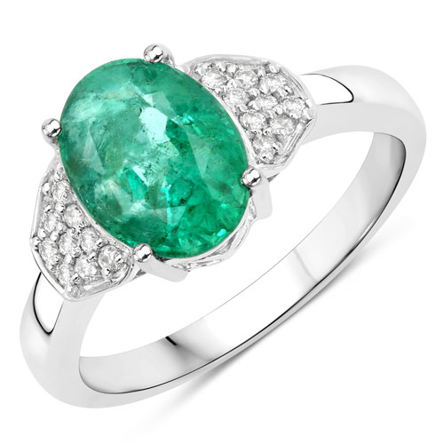 Emerald-1.47 Carat Genuine Zambian Emerald and White Diamond 14K White Gold Ring