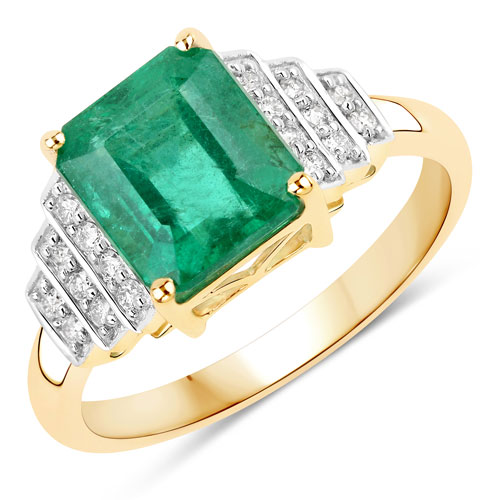 Emerald-2.86 Carat Genuine Zambian Emerald and White Diamond 14K Yellow Gold Ring
