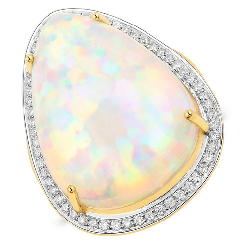 Opal-20.38 Carat Genuine Ethiopian Opal and White Diamond 14K Yellow Gold Ring