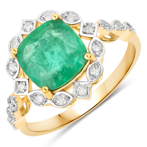 Emerald-2.22 Carat Genuine Zambian Emerald and White Diamond 14K Yellow Gold Ring