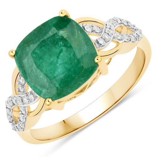 Emerald-2.96 Carat Genuine Zambian Emerald and White Diamond 14K Yellow Gold Ring