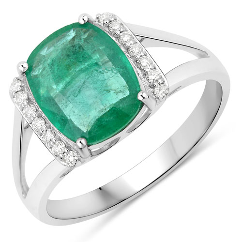 Emerald-1.98 Carat Genuine Zambian Emerald and White Diamond 14K White Gold Ring