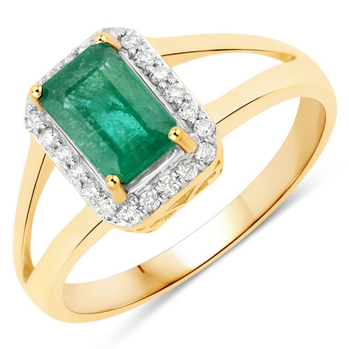 Emerald-1.24 Carat Genuine Zambian Emerald and White Diamond 14K Yellow Gold Ring