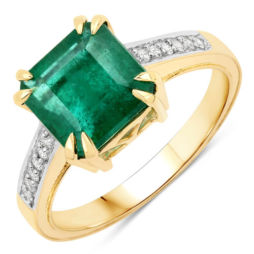 Emerald-2.93 Carat Genuine Zambian Emerald and White Diamond 14K Yellow Gold Ring
