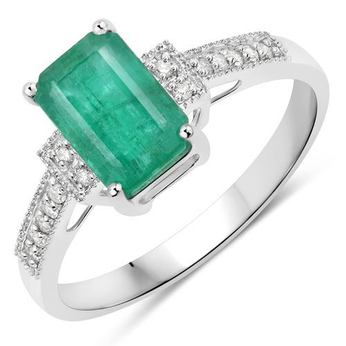 Emerald-1.79 Carat Genuine Zambian Emerald and White Diamond 14K White Gold Ring