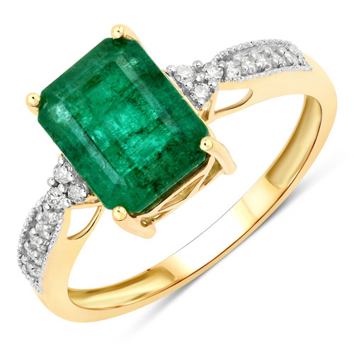 Emerald-2.59 Carat Genuine Zambian Emerald and White Diamond 14K Yellow Gold Ring