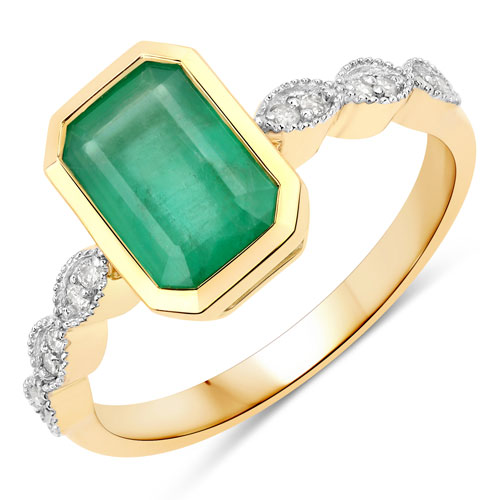 Emerald-1.58 Carat Genuine Zambian Emerald and White Diamond 14K Yellow Gold Ring