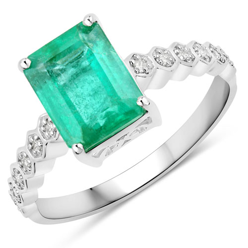 Emerald-2.25 Carat Genuine Zambian Emerald and White Diamond 14K White Gold Ring