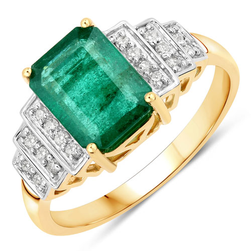 Emerald-2.17 Carat Genuine Zambian Emerald and White Diamond 14K Yellow Gold Ring