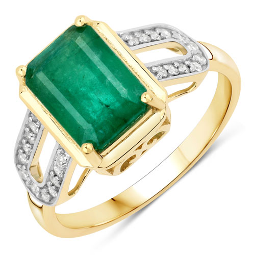 Emerald-2.45 Carat Genuine Zambian Emerald and White Diamond 14K Yellow Gold Ring