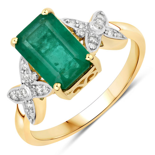 Emerald-2.16 Carat Genuine Zambian Emerald and White Diamond 14K Yellow Gold Ring