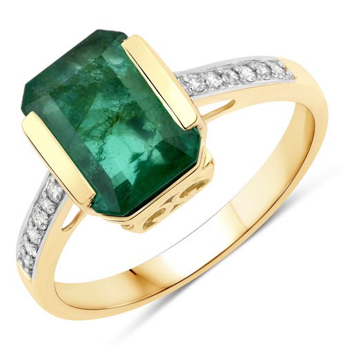 Emerald-2.56 Carat Genuine Zambian Emerald and White Diamond 14K Yellow Gold Ring