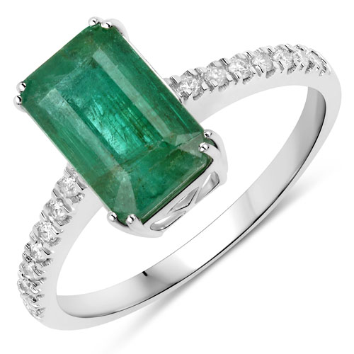 Emerald-2.42 Carat Genuine Zambian Emerald and White Diamond 14K White Gold Ring