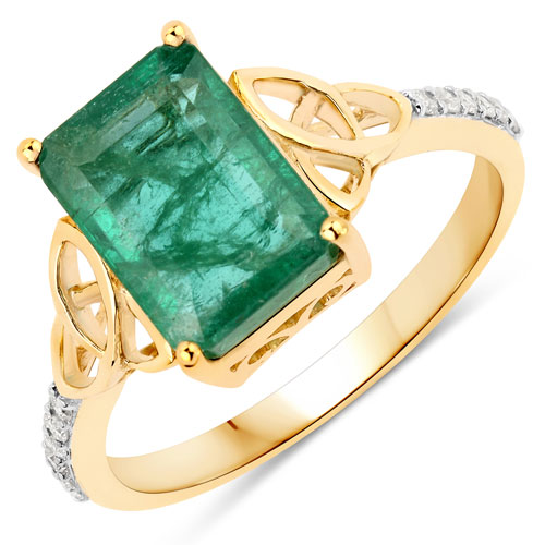 Emerald-2.64 Carat Genuine Zambian Emerald and White Diamond 14K Yellow Gold Ring