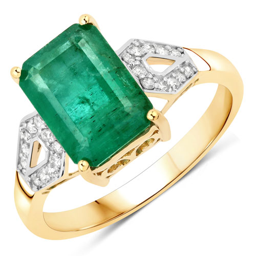 Emerald-2.93 Carat Genuine Zambian Emerald and White Diamond 14K Yellow Gold Ring