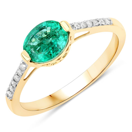Emerald-1.04 Carat Genuine Zambian Emerald and White Diamond 14K Yellow Gold Ring