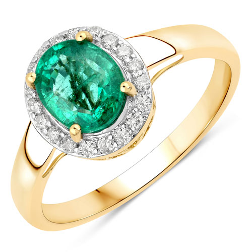 Emerald-1.31 Carat Genuine Zambian Emerald and White Diamond 14K Yellow Gold Ring