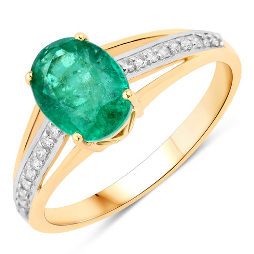 Emerald-1.11 Carat Genuine Zambian Emerald and White Diamond 14K Yellow Gold Ring