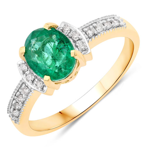 Emerald-1.58 Carat Genuine Zambian Emerald and White Diamond 14K Yellow Gold Ring