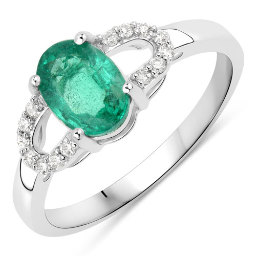 Emerald-1.20 Carat Genuine Zambian Emerald and White Diamond 14K White Gold Ring