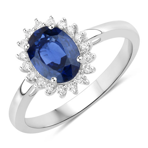 Sapphire-1.72 Carat Genuine Blue Sapphire and White Diamond 14K White Gold Ring