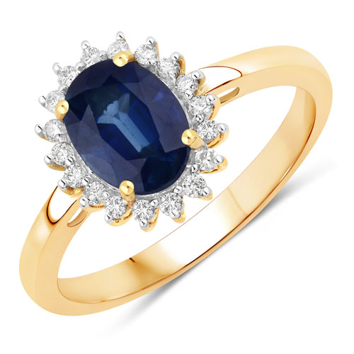 Sapphire-1.72 Carat Genuine Blue Sapphire and White Diamond 14K Yellow Gold Ring