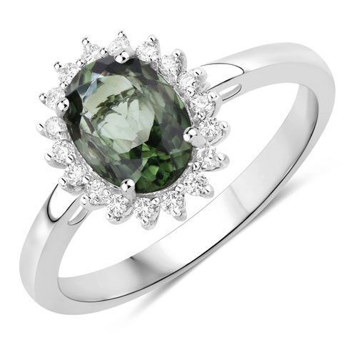 Rings-1.37 Carat Genuine Green Tourmaline and White Diamond 14K White Gold Ring