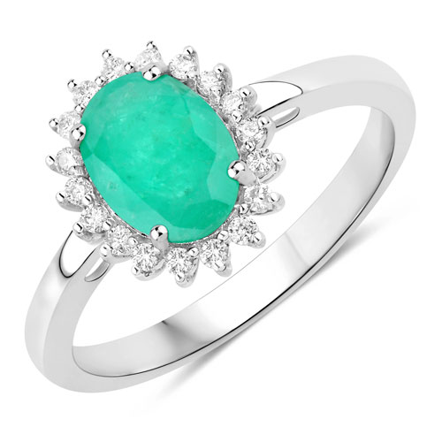 Emerald-1.34 Carat Genuine Zambian Emerald and White Diamond 10K White Gold Ring