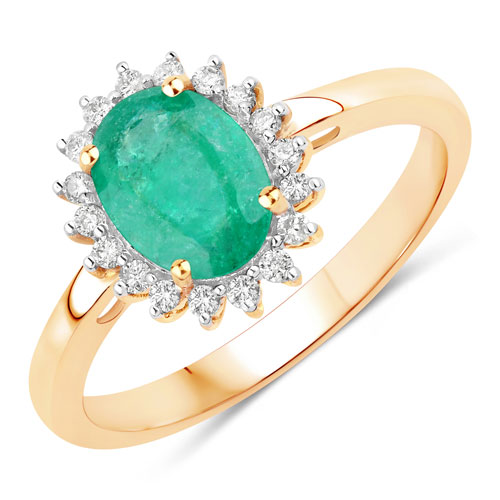 Emerald-1.34 Carat Genuine Zambian Emerald and White Diamond 10K Yellow Gold Ring