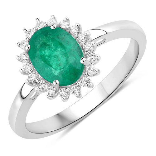 Emerald-1.37 Carat Genuine Zambian Emerald and White Diamond 14K White Gold Ring