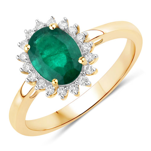 Emerald-1.37 Carat Genuine Zambian Emerald and White Diamond 14K Yellow Gold Ring