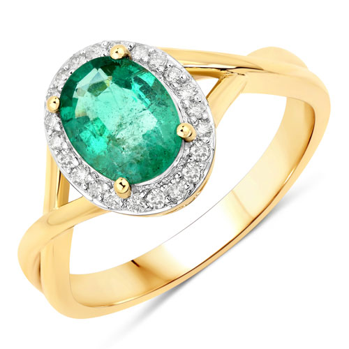 Emerald-1.38 Carat Genuine Zambian Emerald and White Diamond 14K Yellow Gold Ring