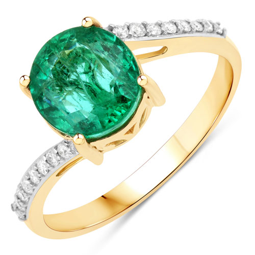 Emerald-1.56 Carat Genuine Zambian Emerald and White Diamond 14K Yellow Gold Ring