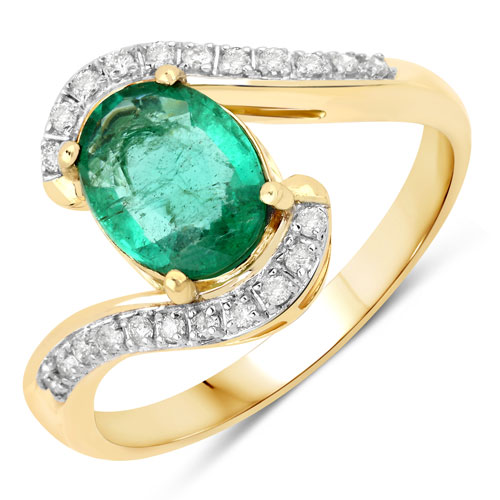Emerald-1.42 Carat Genuine Zambian Emerald and White Diamond 14K Yellow Gold Ring