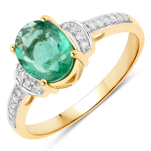 Emerald-1.65 Carat Genuine Zambian Emerald and White Diamond 14K Yellow Gold Ring